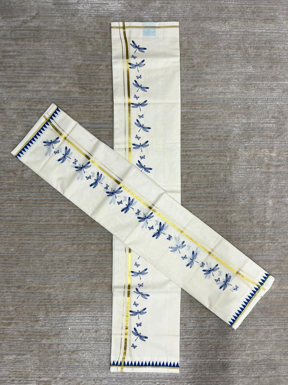Southloom Kerala Cotton Single Set Mundu (Mundum Neriyathum) with Blue Thumbi Block Printed Design And Gold Kasavu 2.80Mtrs SL151