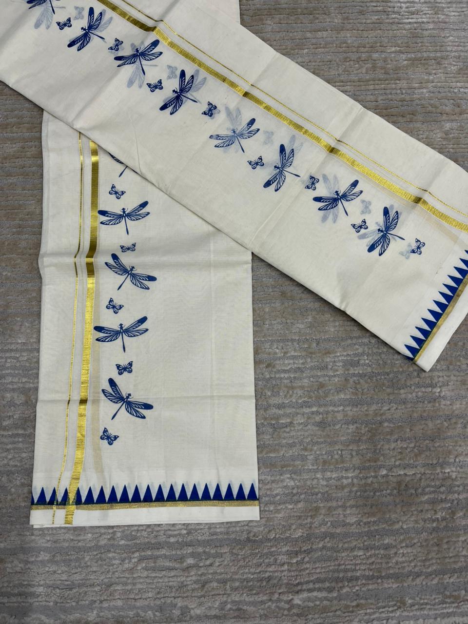 Southloom Kerala Cotton Single Set Mundu (Mundum Neriyathum) with Blue Thumbi Block Printed Design And Gold Kasavu 2.80Mtrs SL151