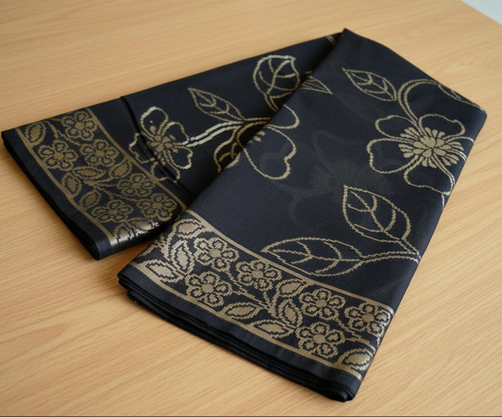 Black Banarasi Cotton Silk Saree with Floral Woven Works SL279