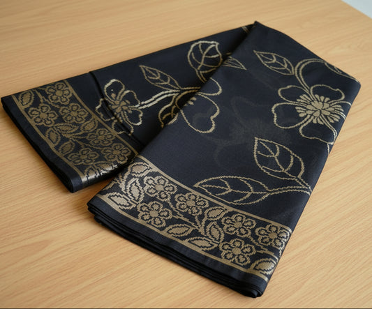 Black Banarasi Cotton Silk Saree with Floral Woven Works SL279