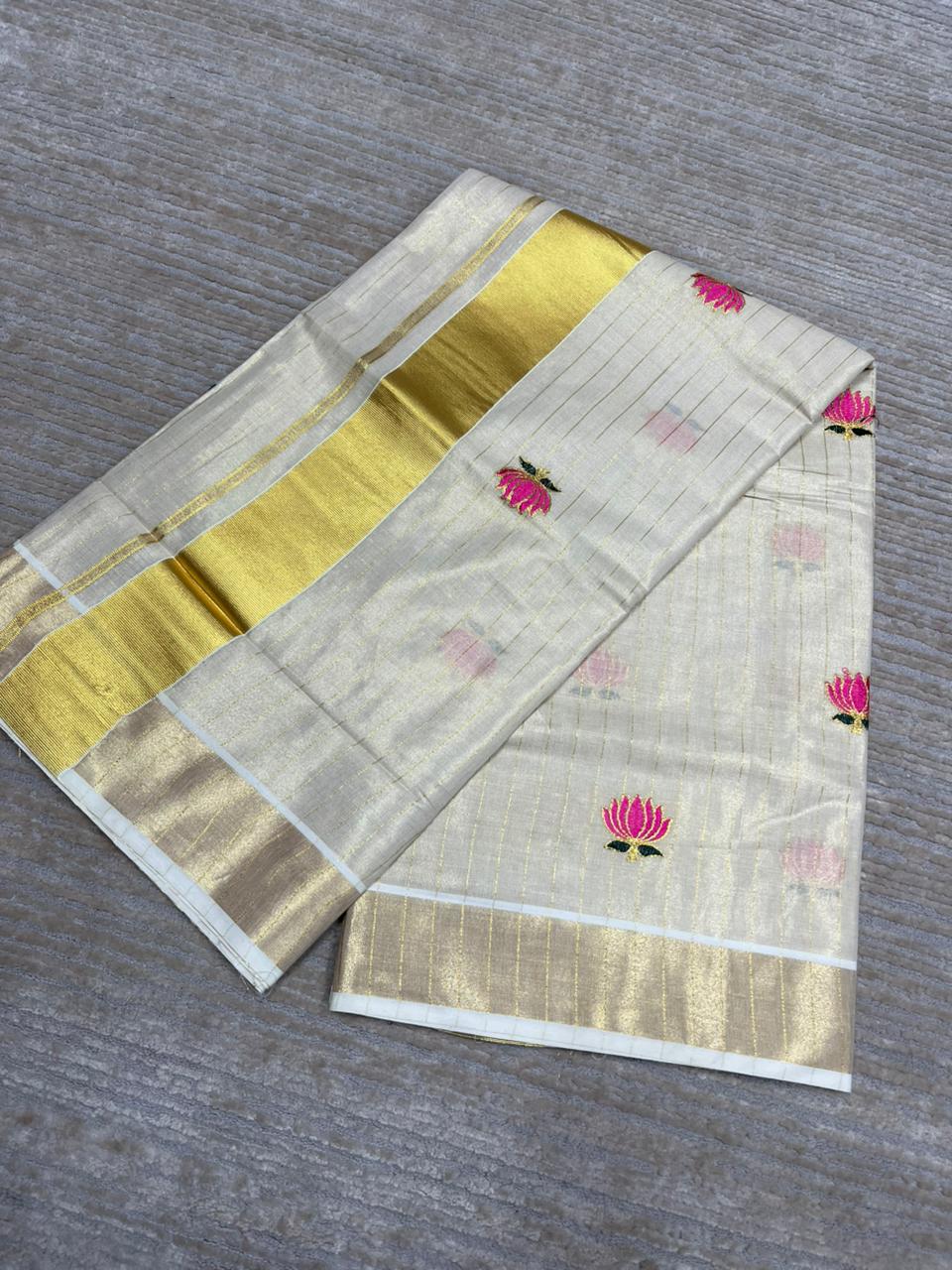 Southloom Lotus Pink and Green Embroidery Tissue Kerala Saree SL289