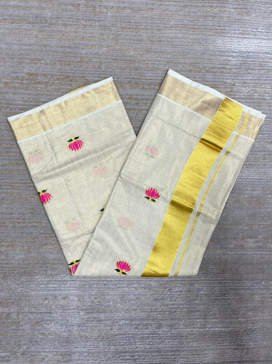 Southloom Lotus Pink and Green Embroidery Tissue Kerala Saree SL289