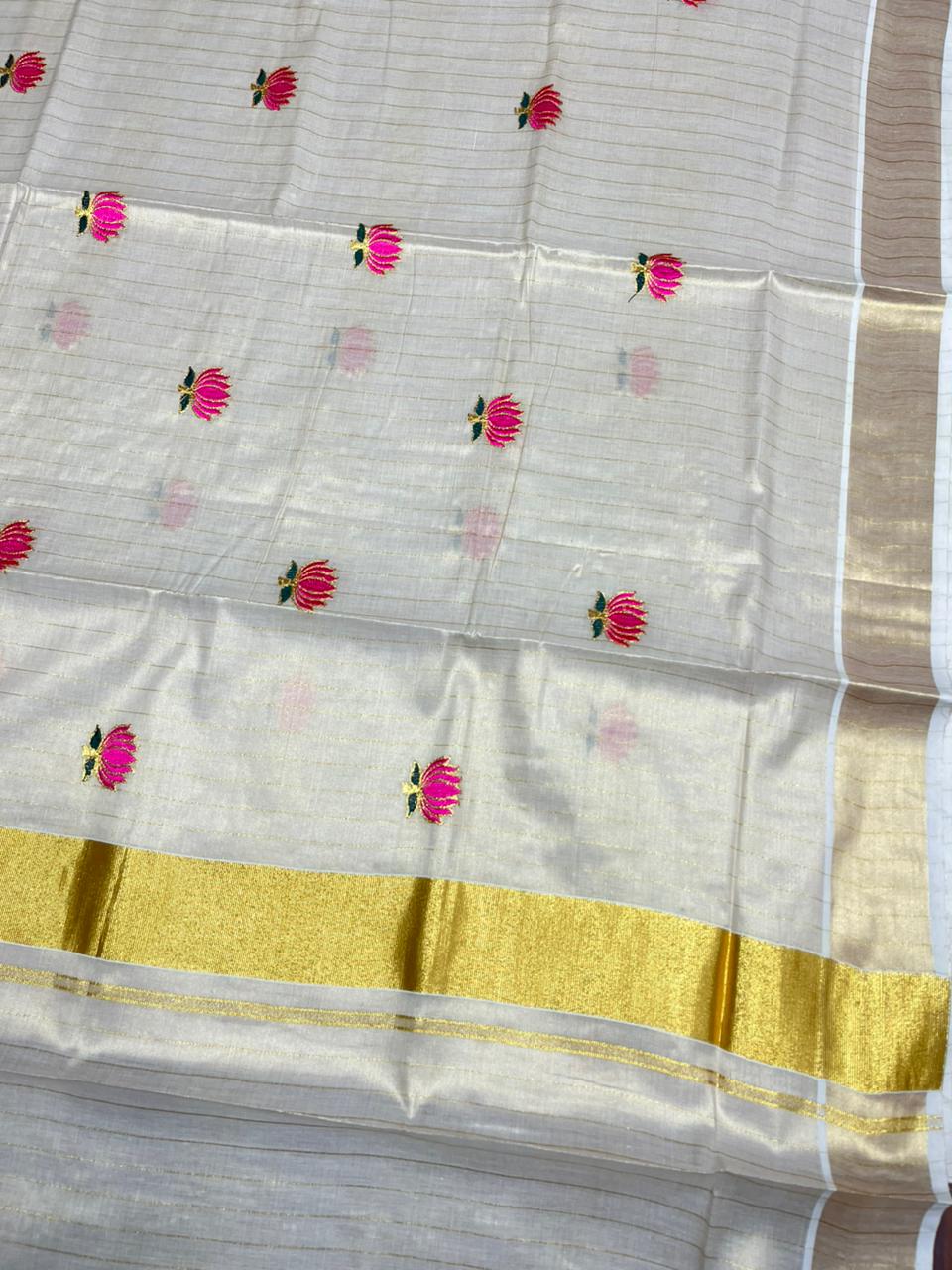 Southloom Lotus Pink and Green Embroidery Tissue Kerala Saree SL289