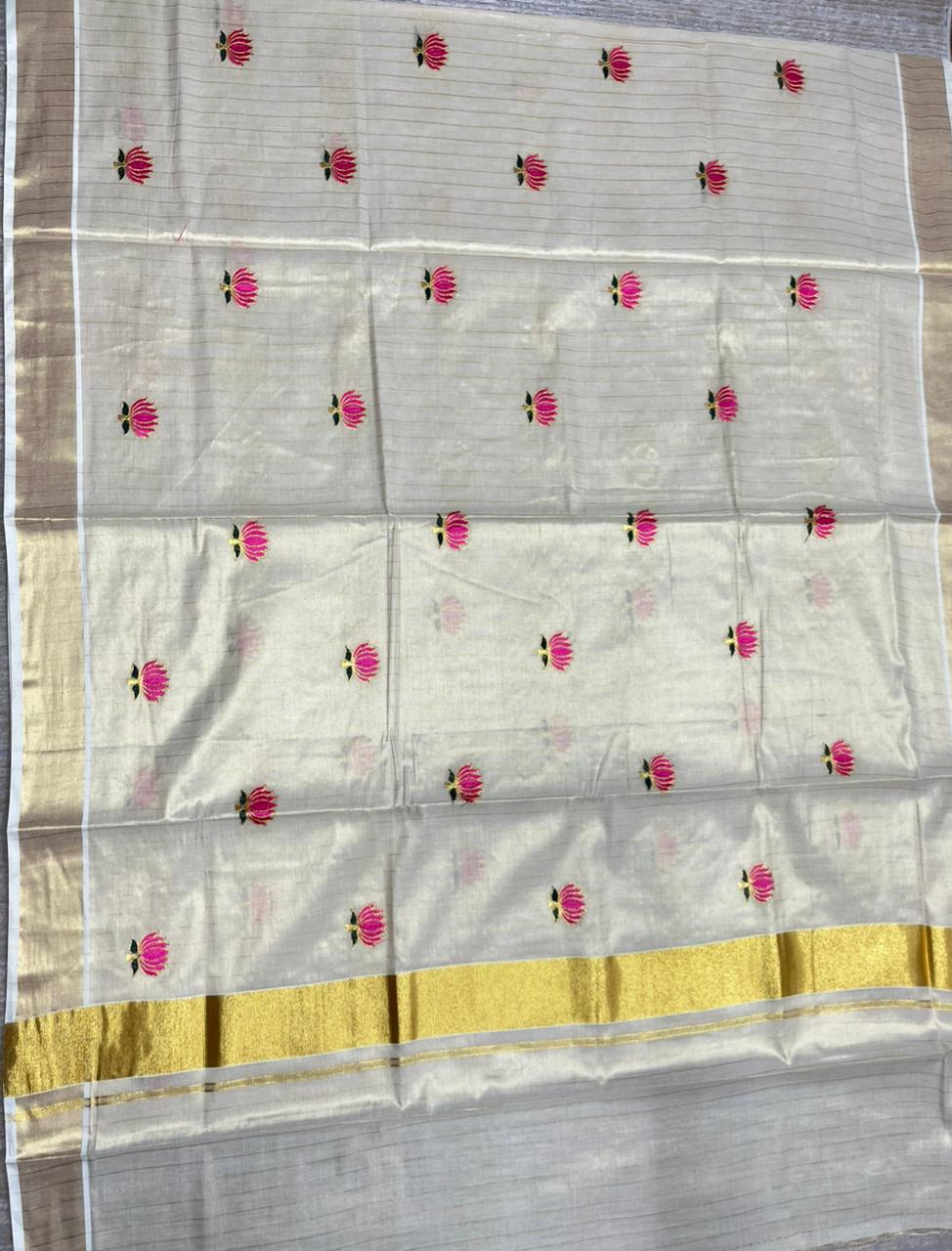 Southloom Lotus Pink and Green Embroidery Tissue Kerala Saree SL289