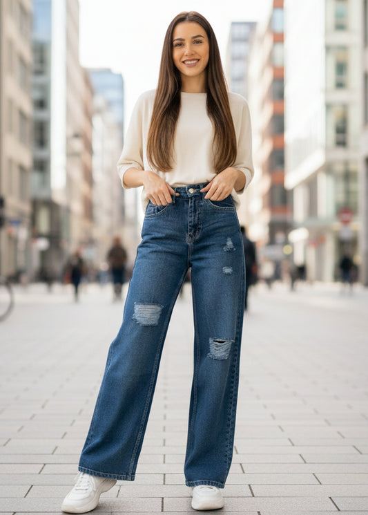 Ripped Wide-Leg Denim Jeans For Women SL294