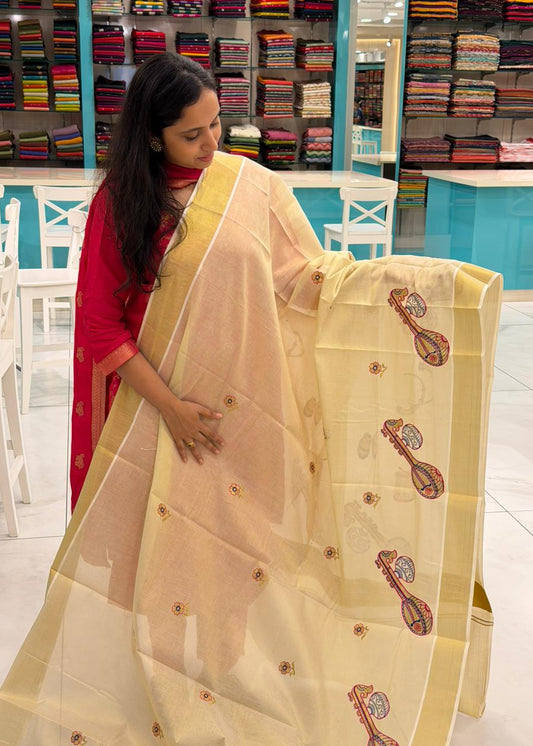 Kerala Tissue Veena Embroidery Saree SL302
