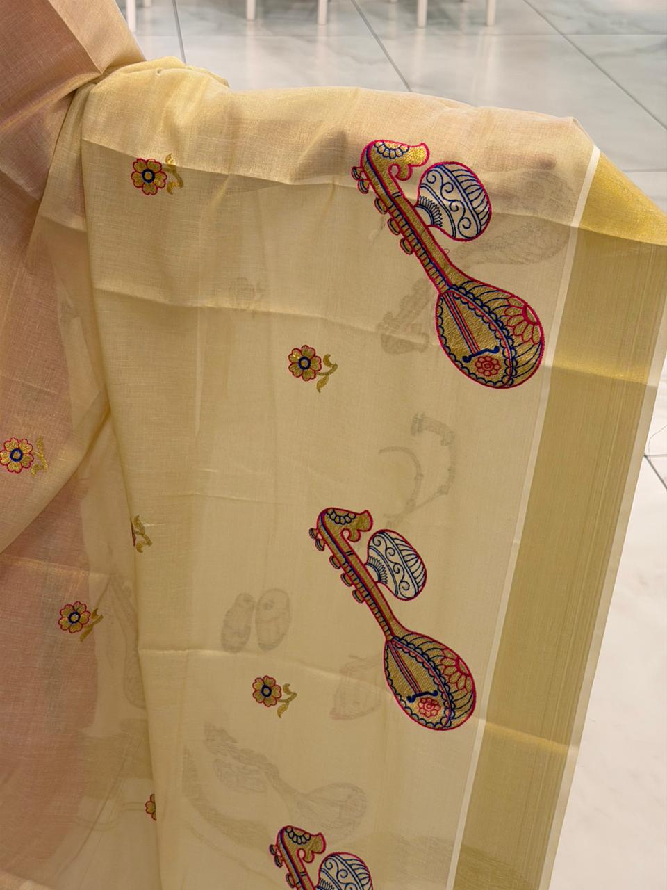 Kerala Tissue Veena Embroidery Saree SL302