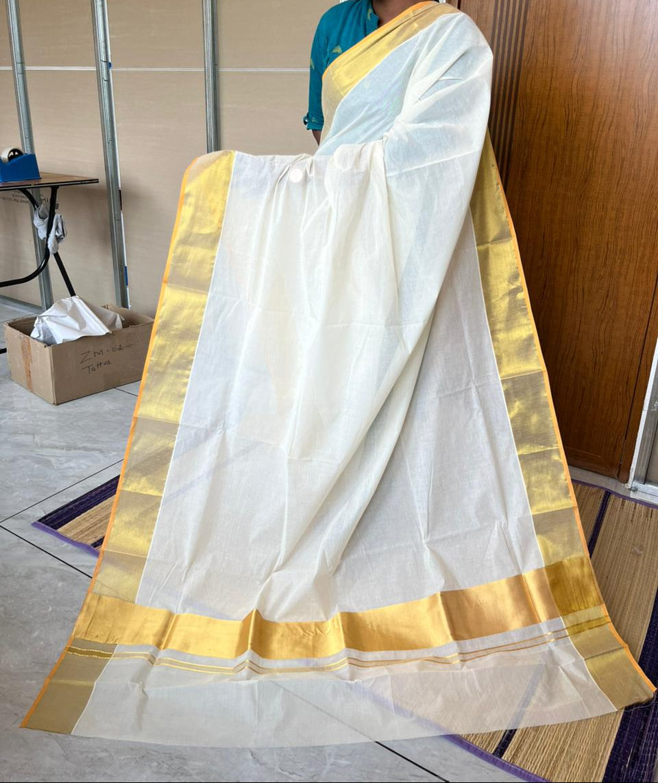 Kerala Kasavu Saree With Balaramapuram Style Orange 4x4 Border SL303