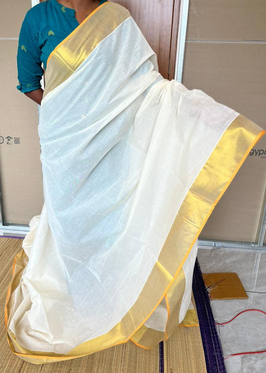 Kerala Kasavu Saree With Balaramapuram Style Orange 4x4 Border SL303
