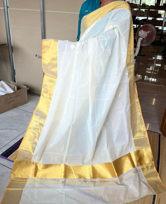 Kerala Kasavu Saree With Balaramapuram Style Orange 5x5 Border SL303