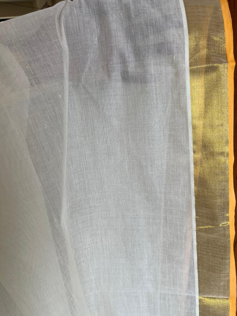 Kerala Kasavu Saree With Balaramapuram Style Orange 2x2 Border SL303