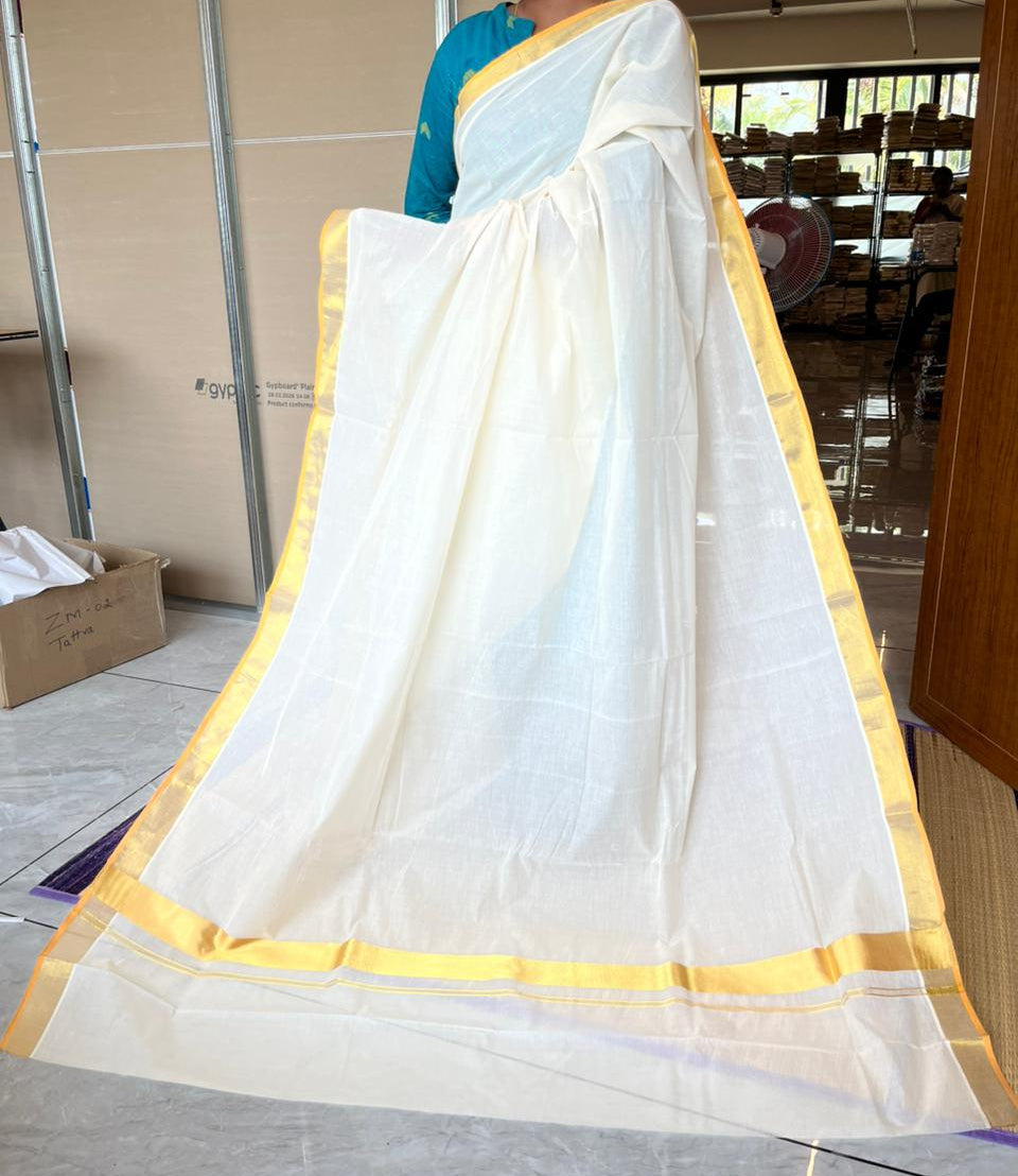 Kerala Kasavu Saree With Balaramapuram Style Orange 2x2 Border SL303