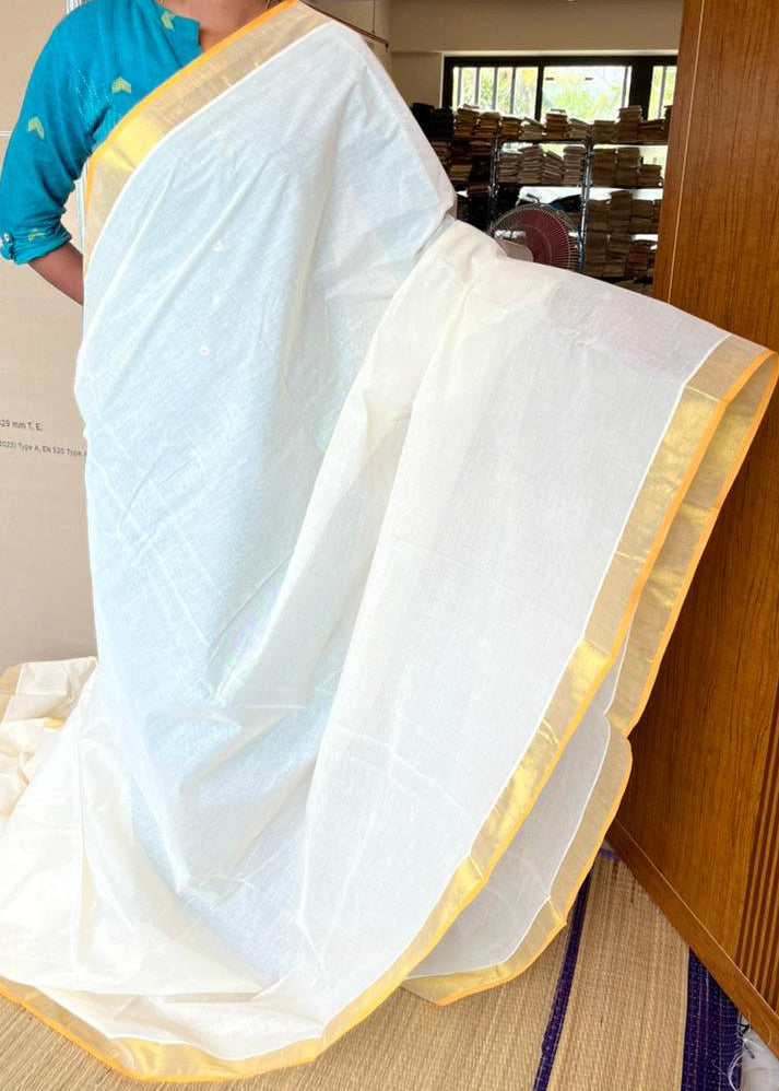 Kerala Kasavu Saree With Balaramapuram Style Orange 2x2 Border SL303