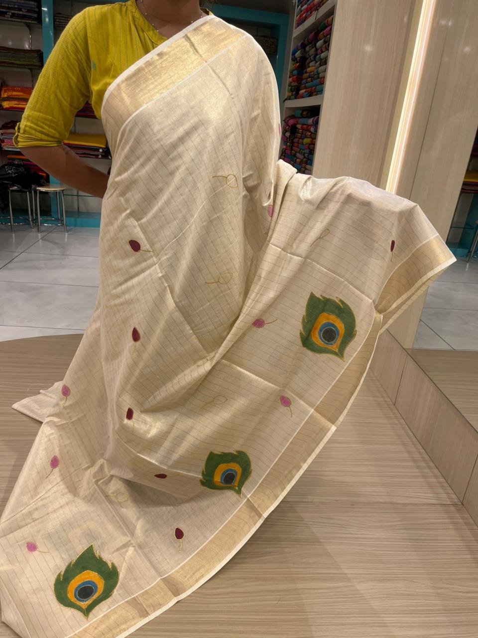 Kerala Tissue Krishna Handpainted Line Saree With Embroidery SL305