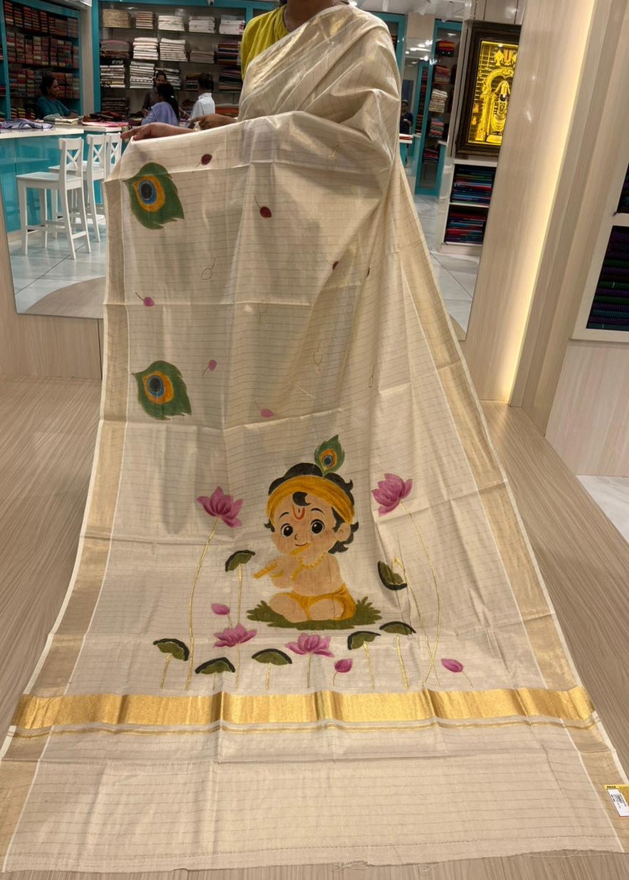 Kerala Tissue Krishna Handpainted Line Saree With Embroidery SL305