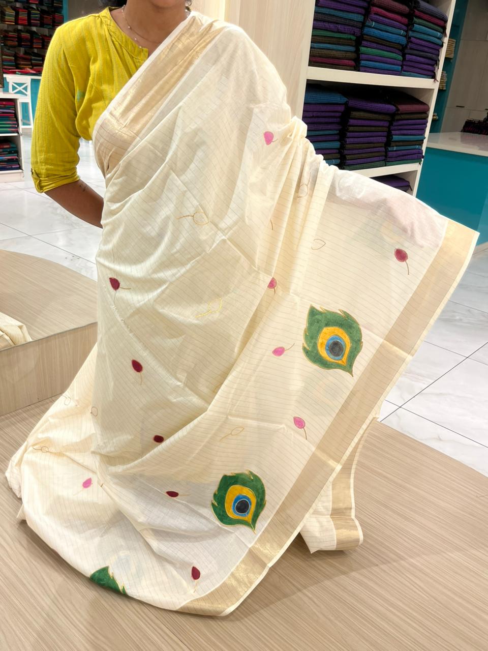 Kerala Cotton Krishna Handpainted Lines Saree With Embroidery SL305