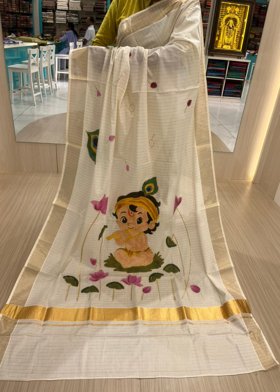 Kerala Cotton Krishna Handpainted Lines Saree With Embroidery SL305