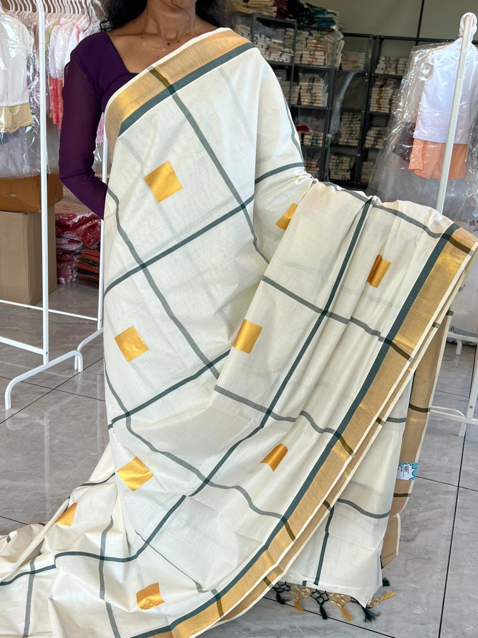 Kerala Cotton Kasavu Saree With Tassels SL310