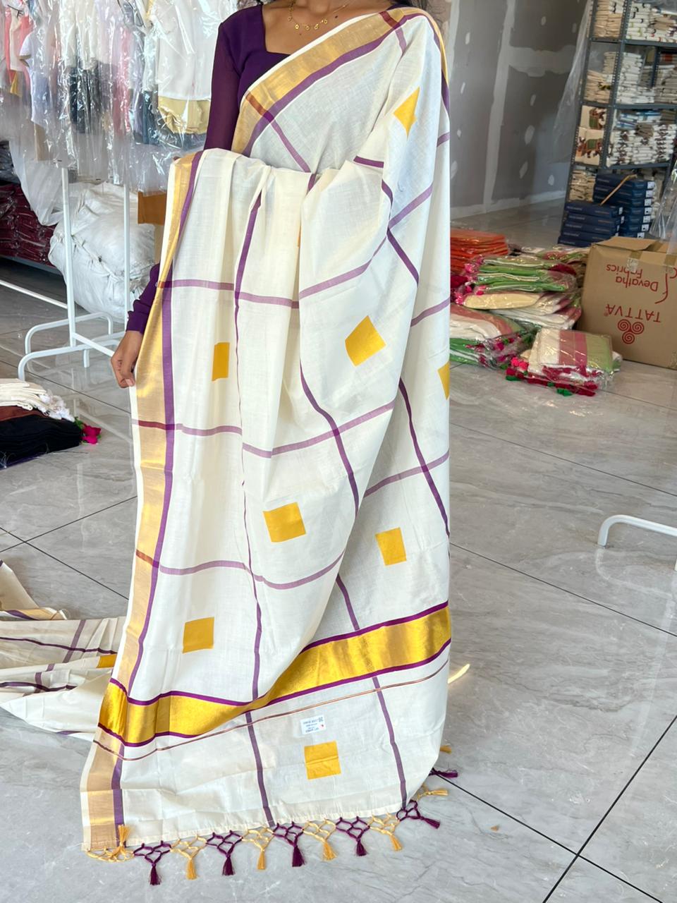 Kerala Cotton Kasavu Saree with Tassels SL310