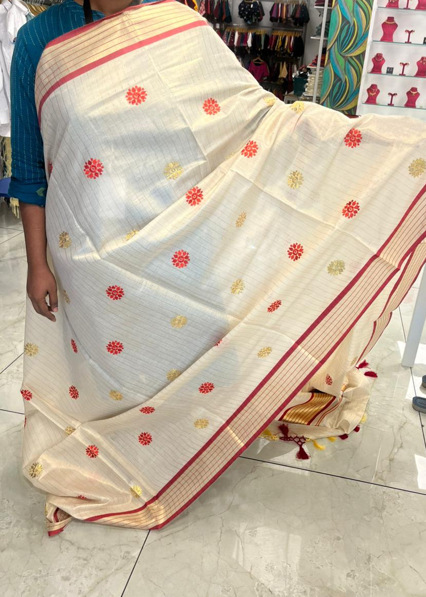 Kerala Tissue Lines Saree With Floral Embroidery Work on The Body SL312