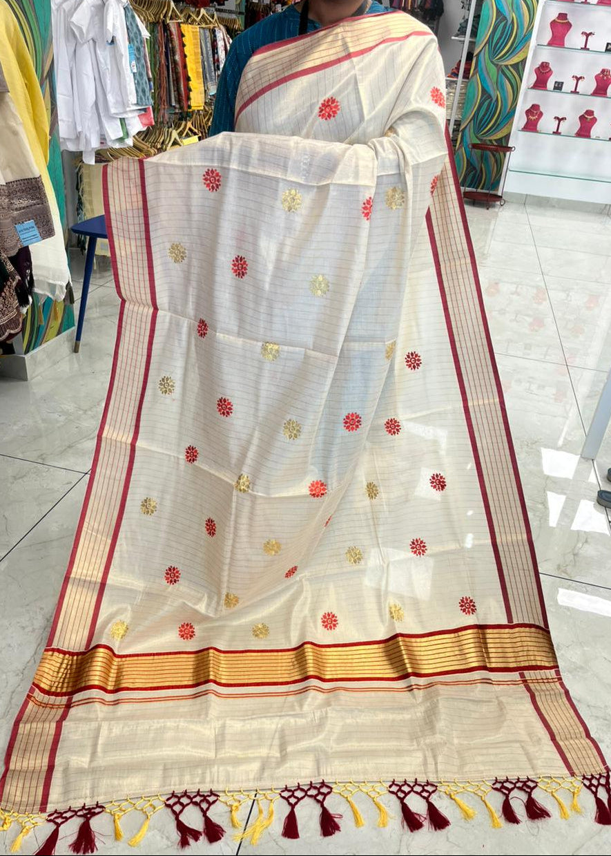 Kerala Tissue Lines Saree With Floral Embroidery Work on The Body SL312