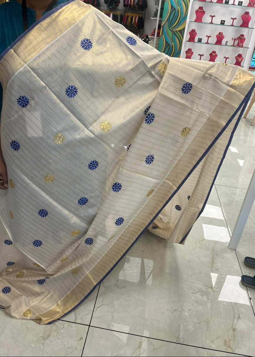 Kerala Tissue Lines Saree With Floral Embroidery Work on The Body SL312
