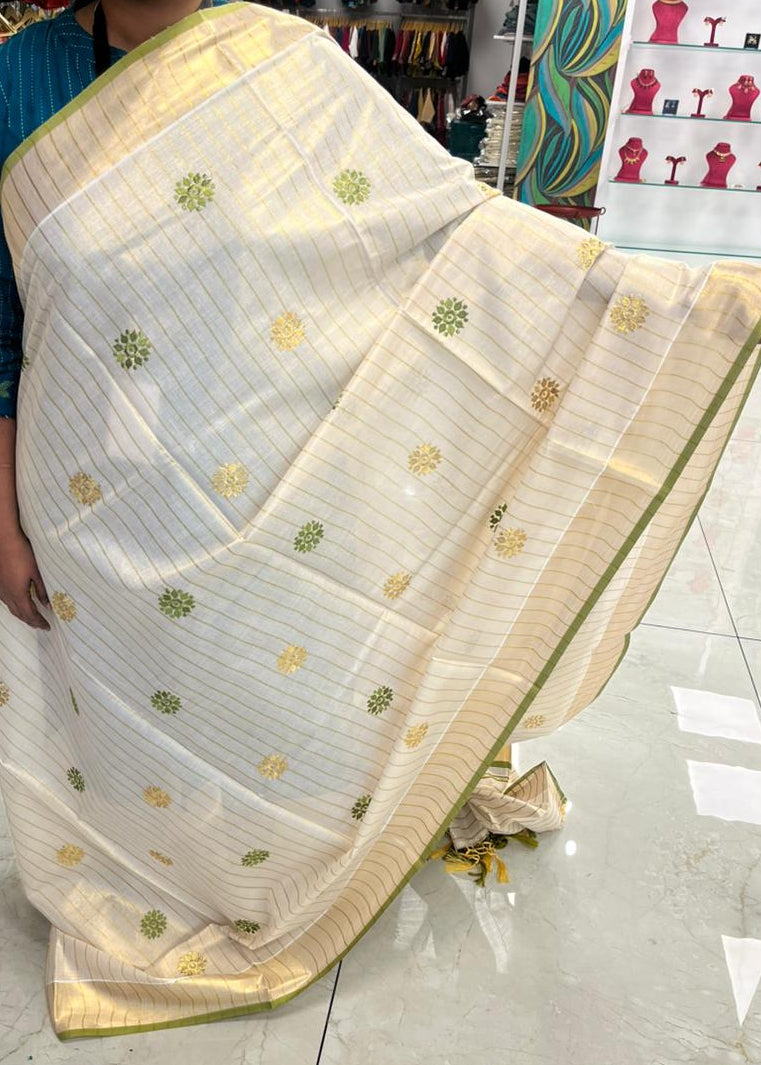 Kerala Tissue Lines Saree With Floral Embroidery Work on The Body SL312
