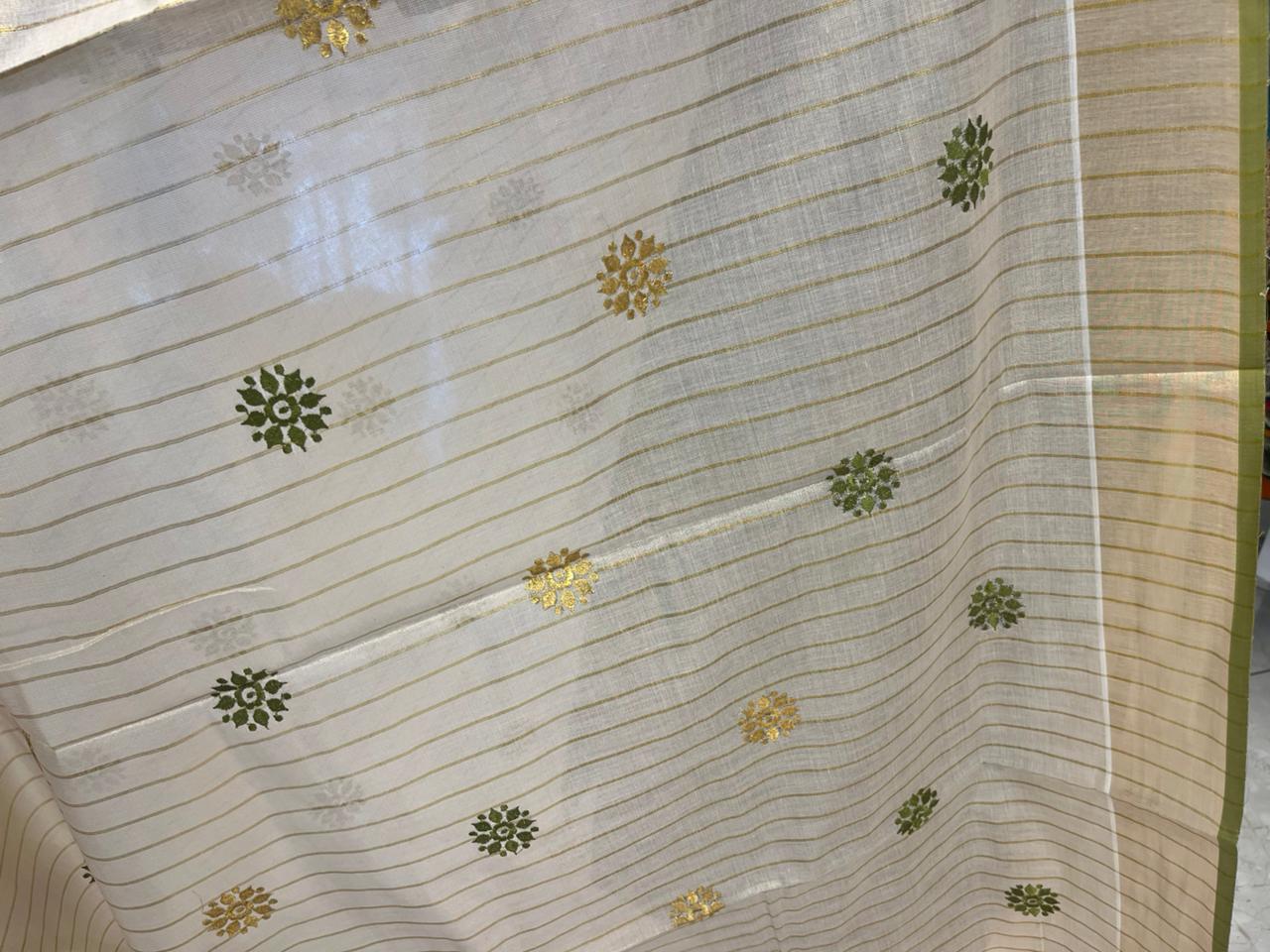 Kerala Tissue Lines Saree With Floral Embroidery Work on The Body SL312