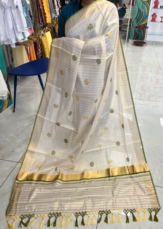 Kerala Tissue Lines Saree With Floral Embroidery Work on The Body SL312
