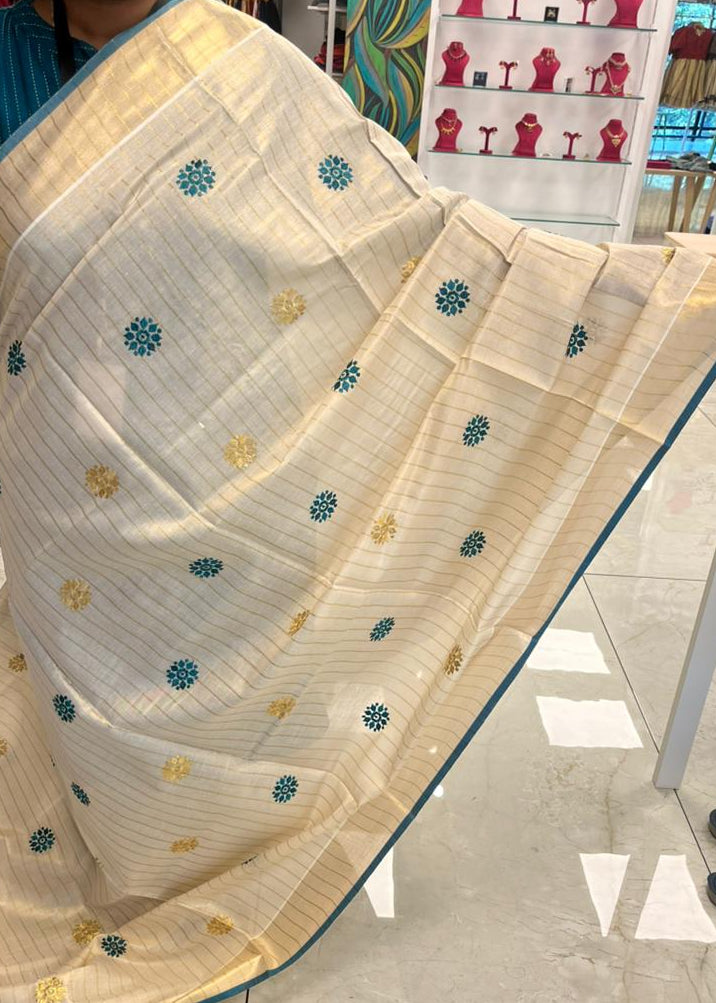 Kerala Tissue Lines Saree With Floral Embroidery Work on The Body SL312