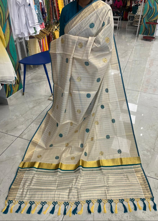 Kerala Tissue Lines Saree With Floral Embroidery Work on The Body SL312