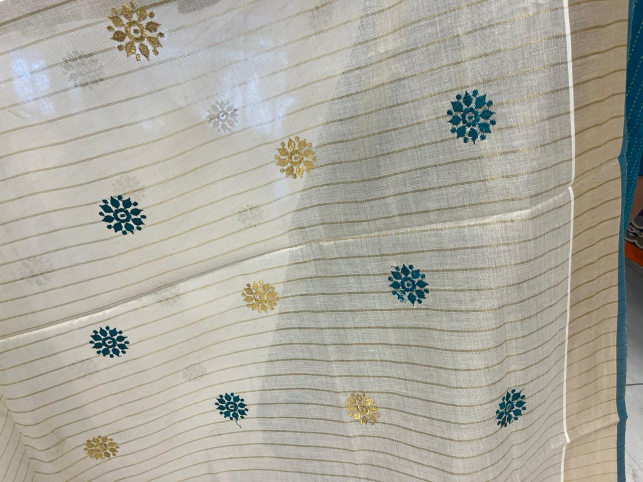 Kerala Tissue Lines Saree With Floral Embroidery Work on The Body SL312
