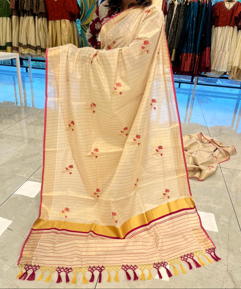 Kerala Tissue Saree With Pink Floral Embroidery Design SL249