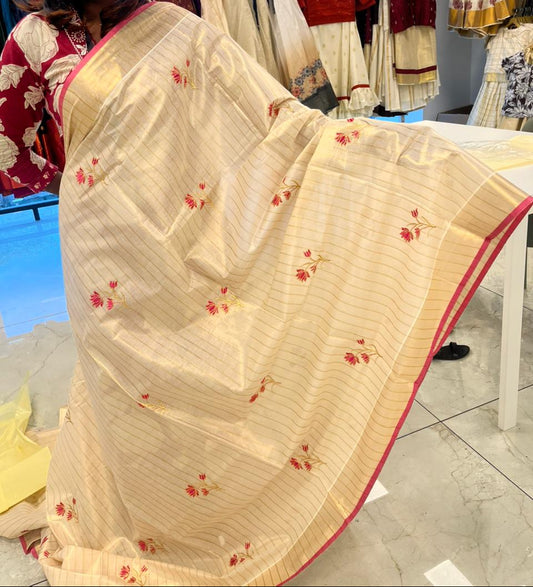 Kerala Tissue Saree With Pink Floral Embroidery Design SL249