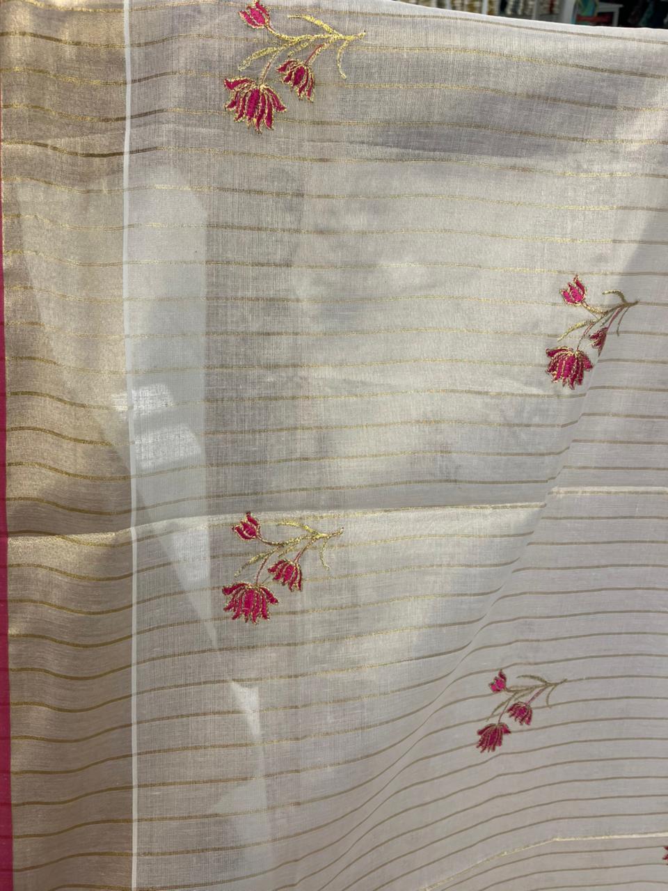 Kerala Tissue Saree With Pink Floral Embroidery Design SL249