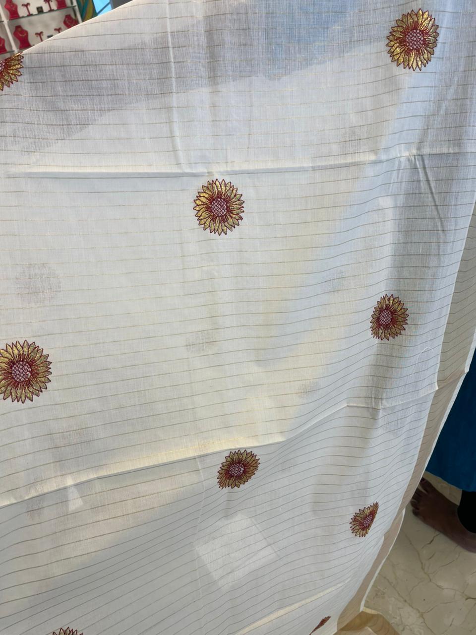 Southloom Cotton Kerala Kasavu Lines Saree With Embroidery Work On  Body SL314