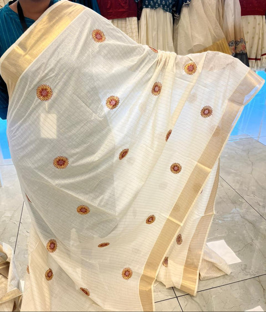 Southloom Cotton Kerala Kasavu Lines Saree With Embroidery Work On  Body SL314