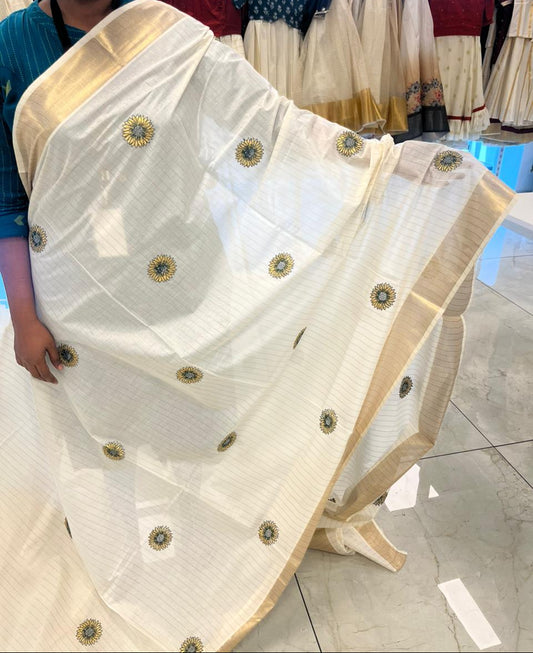 Southloom Cotton Kerala Kasavu Lines Saree With Embroidery Work On Body SL314