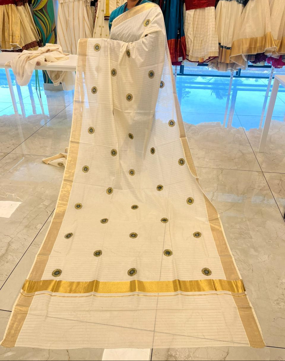 Southloom Cotton Kerala Kasavu Lines Saree With Embroidery Work On  Body SL314