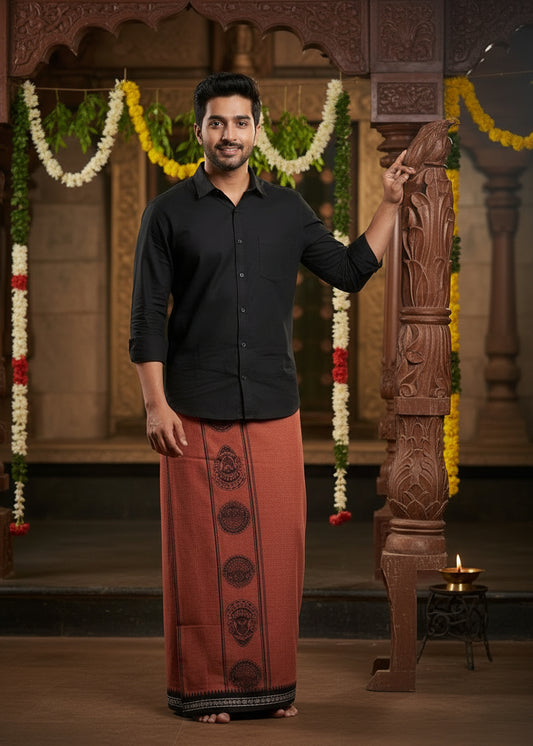 Kaavi (Saffron) With Black Printed Single Dhoti /Otta Mundu SL319