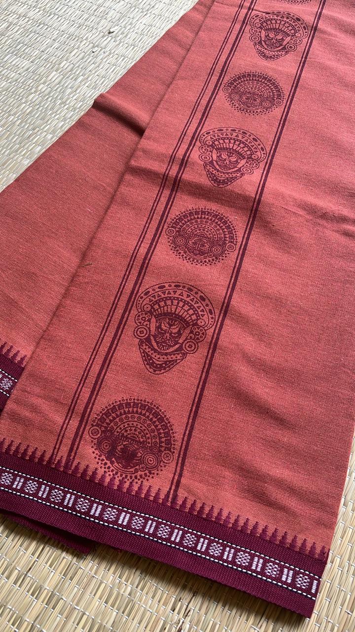Kaavi (saffron) With  Maroon Printed Single Dhoti /Otta Mundu SL319