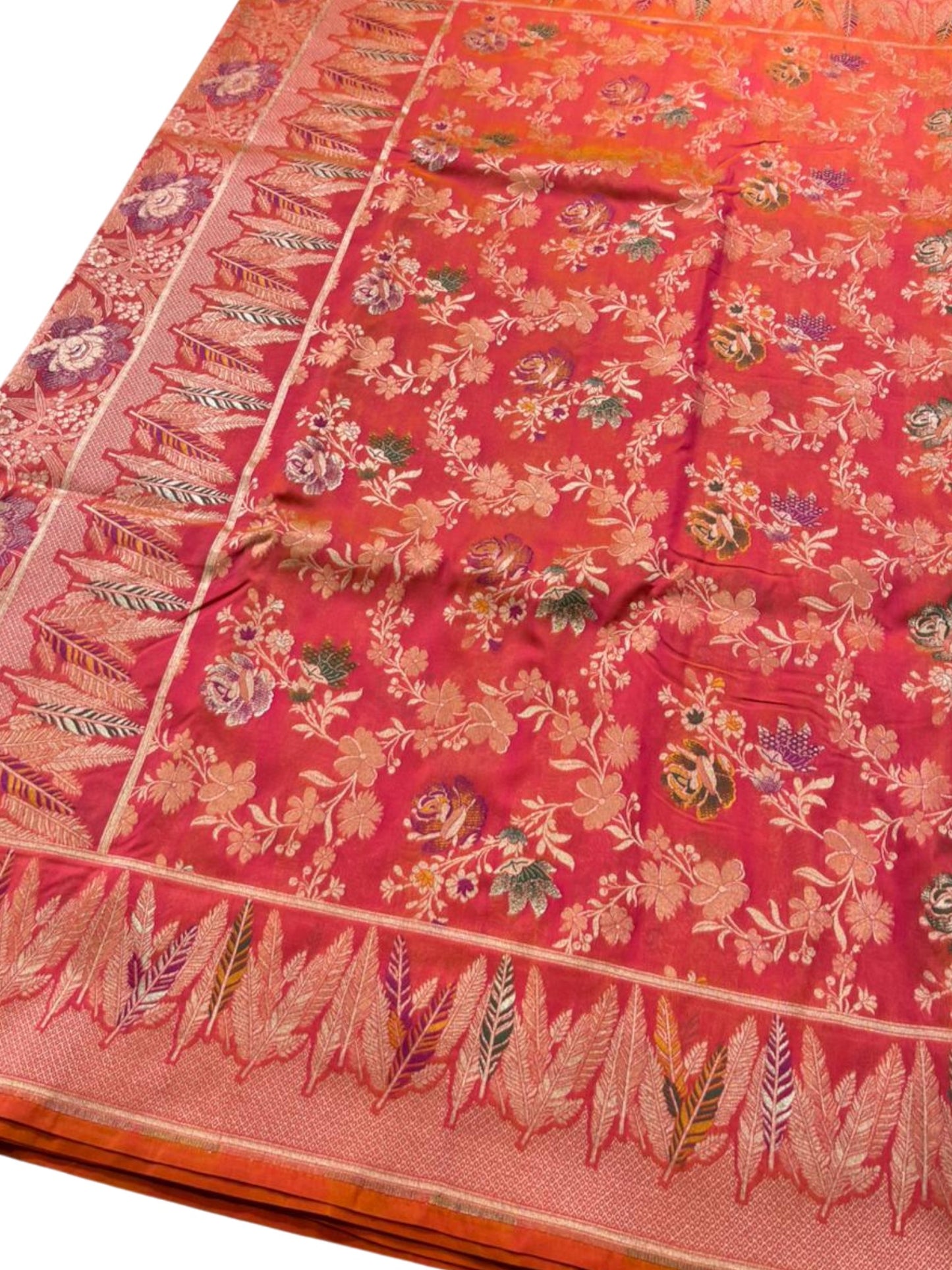 Southloom Pure Banarasi Silk Saree with Woven Work on Body and Borders (Pink & Orange)