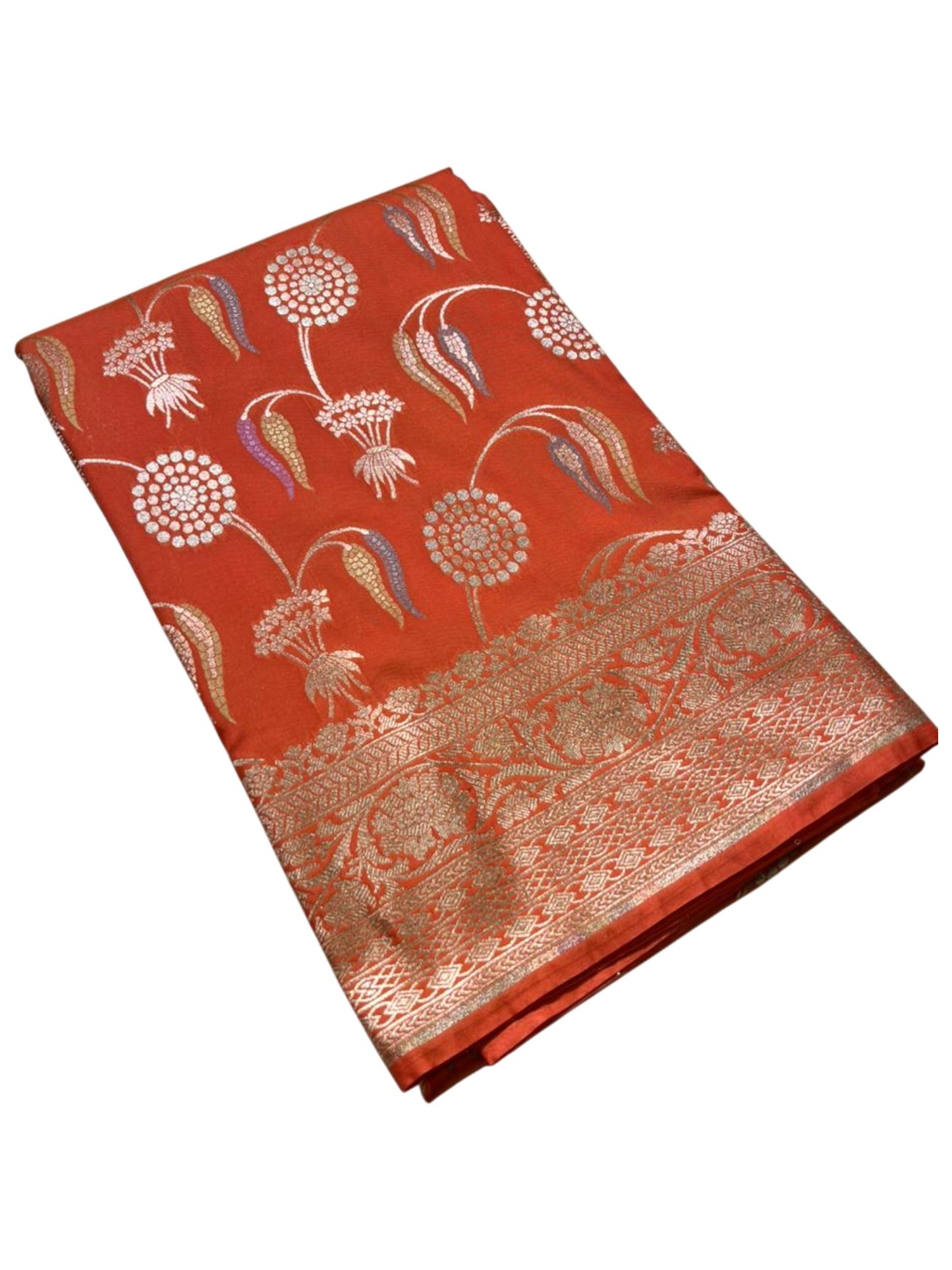 Southloom Pure Banarasi Silk Saree with Woven Work on Body and Borders (Orange)
