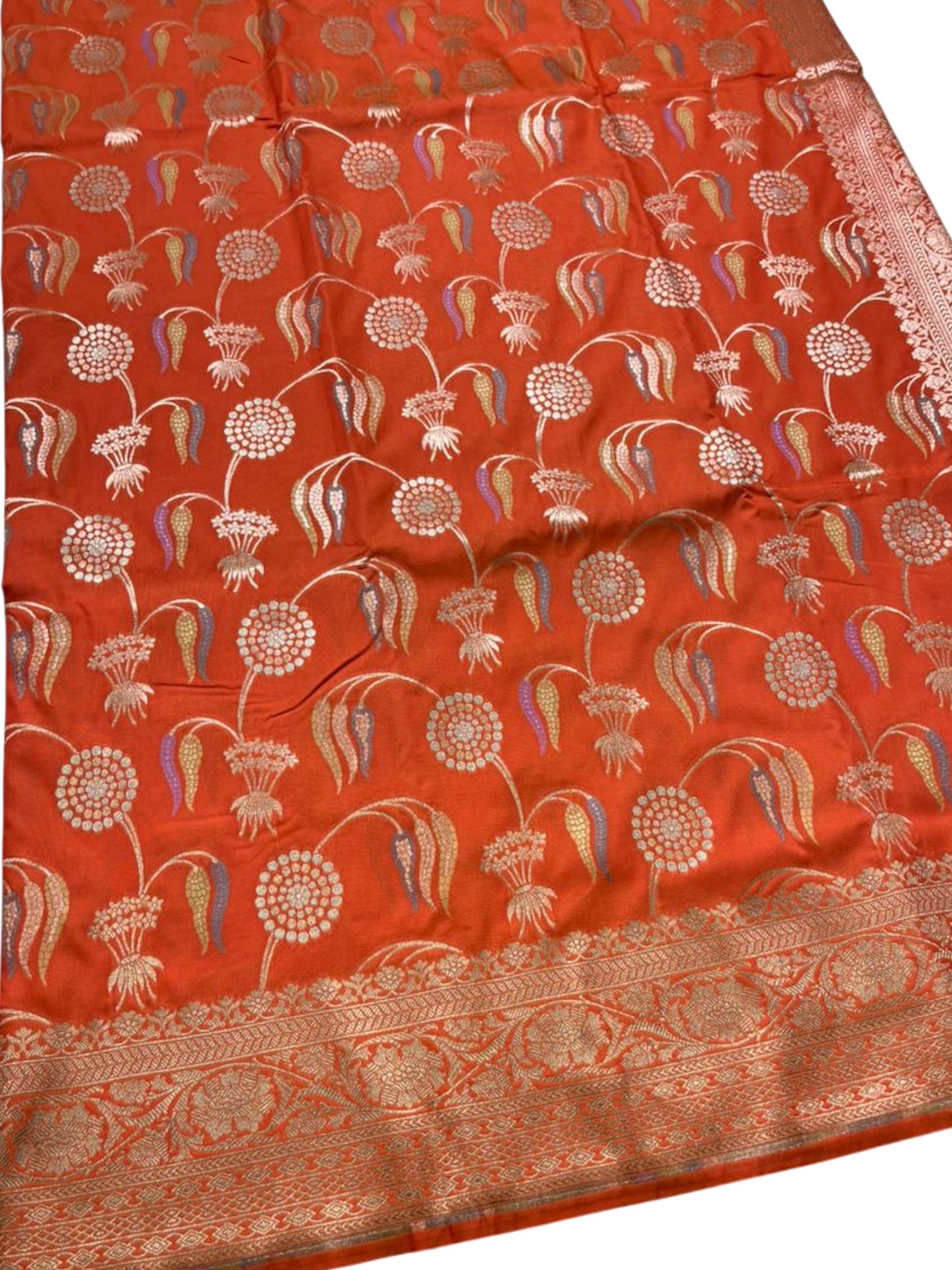 Southloom Pure Banarasi Silk Saree with Woven Work on Body and Borders (Orange)