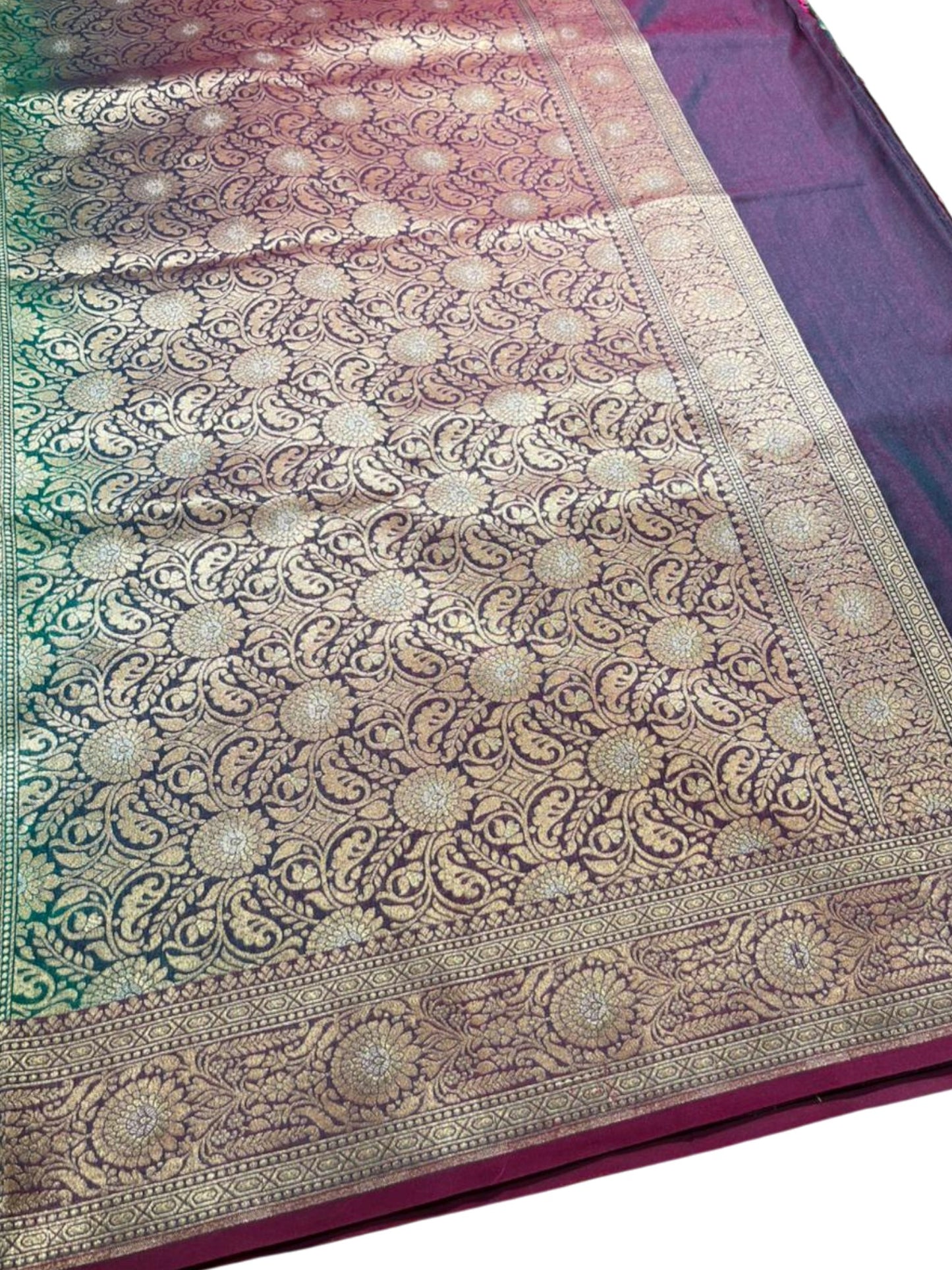 Southloom Pure Banarasi Silk Saree with Woven Work on Body and Borders (Peacock Green & Magenta)