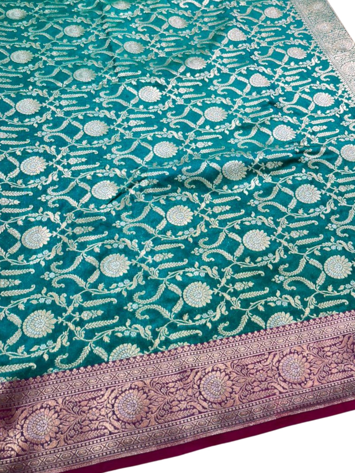 Southloom Pure Banarasi Silk Saree with Woven Work on Body and Borders (Peacock Green & Magenta)