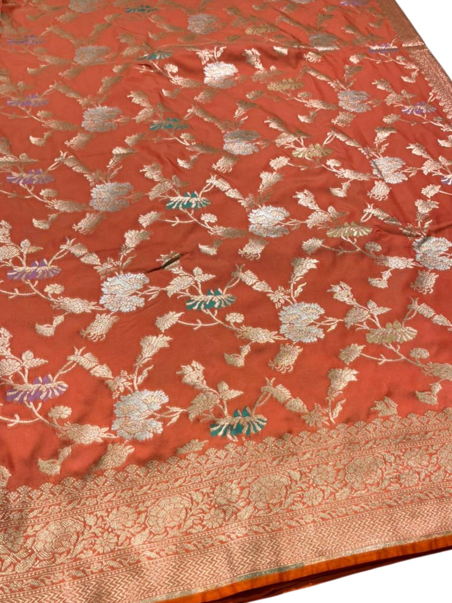 Southloom Pure Banarasi Silk Saree with Woven Work on Body and Borders (Orange)