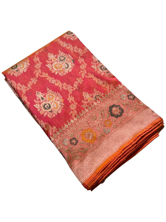 Southloom Pure Banarasi Silk Saree with Woven Work on Body and Borders (Pink & Orange)