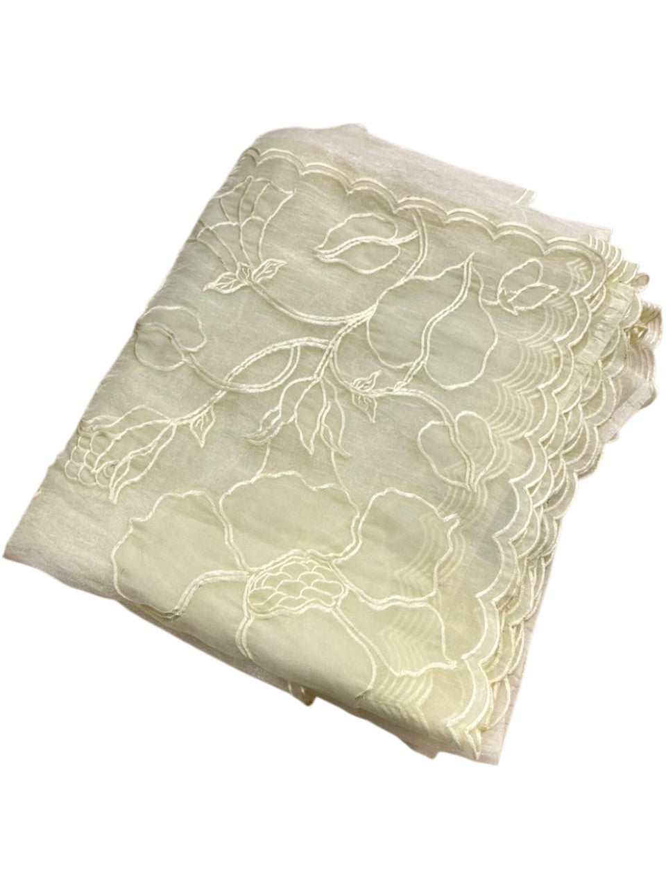 Southloom Turkish Organza Saree With Floral Design in Pastel Green With Scalloped Border