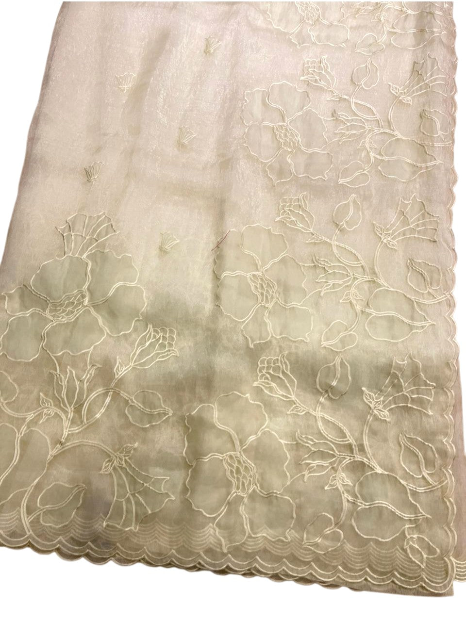 Southloom Turkish Organza Saree With Floral Design in Pastel Green With Scalloped Border